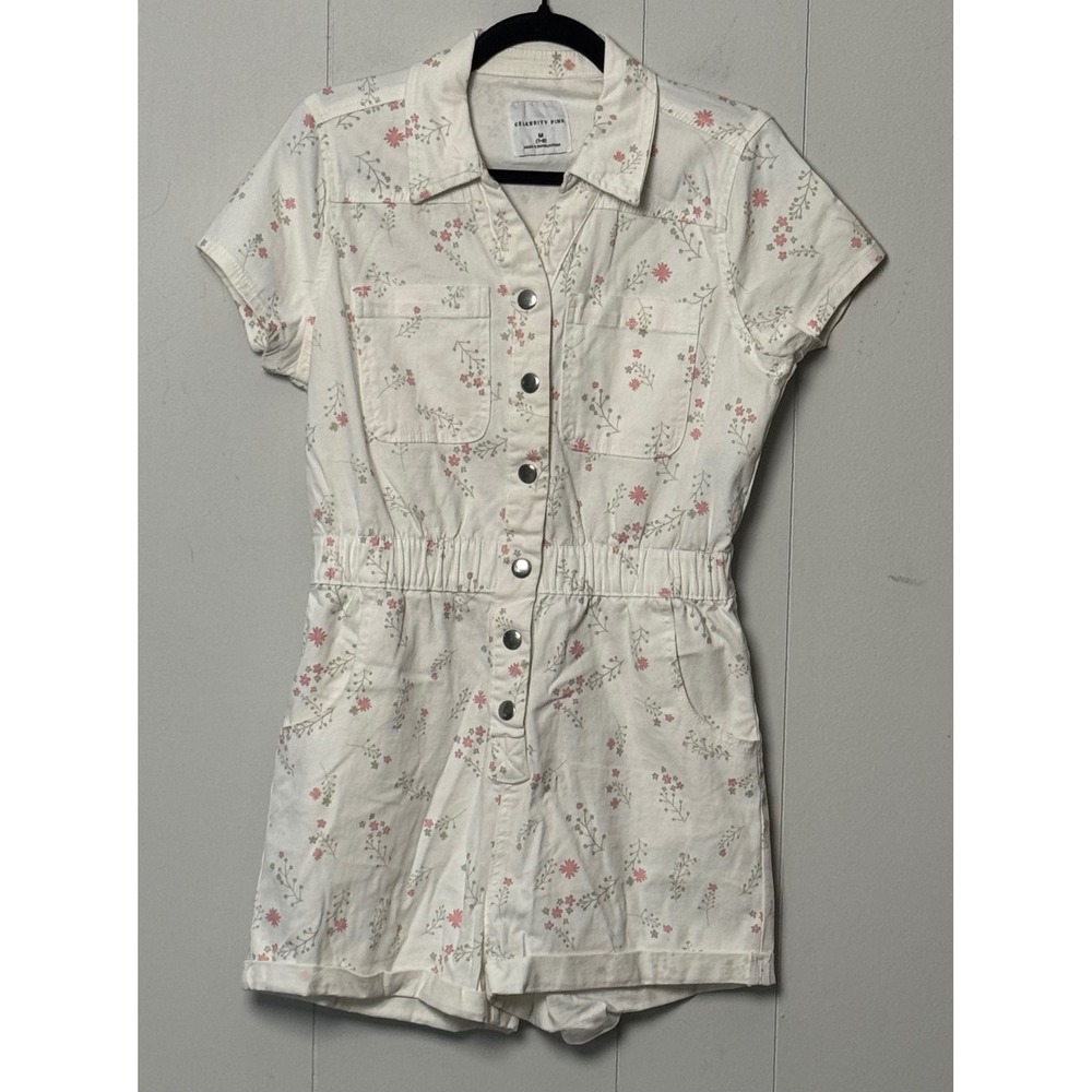 Celebrity Pink Women White Floral Utility Romper Short Sleeve Stretch Size M 7-9